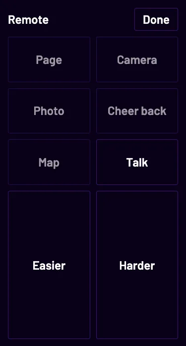 A phone as the rider’s remote while the desk rides: big Easier and Harder buttons, and buttons to turn the bike computer’s page, cheer back and talk