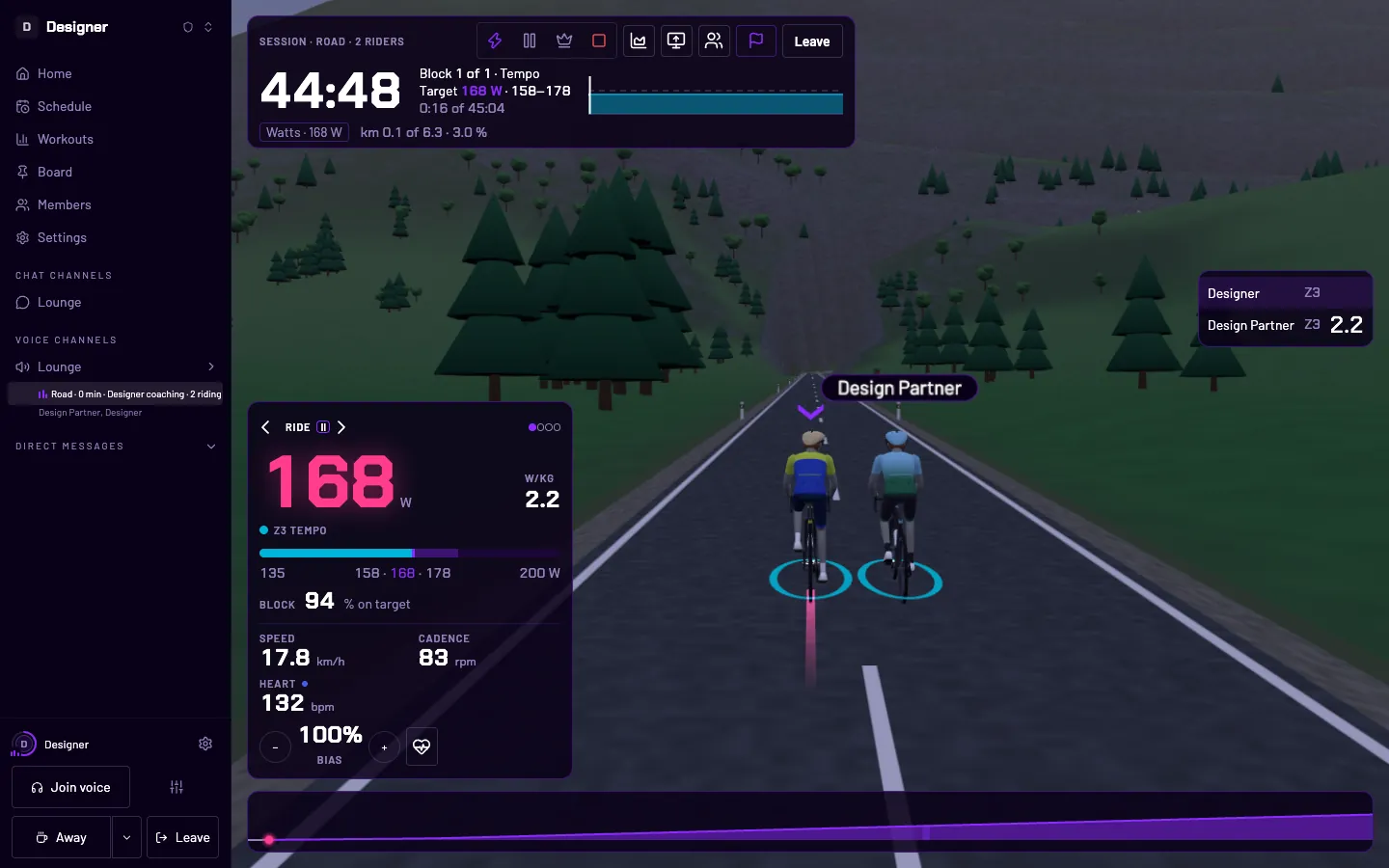 Two riders of a crew side by side in a session on a mountain road in the 3D world, the workout’s clock above, the bike computer at the left and the riders’ watts per kilo at the right