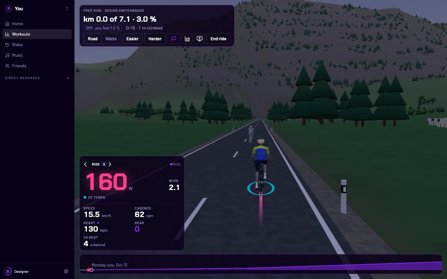 A free ride on a mountain road in the 3D world: the rider’s ghost from an earlier ride just ahead, the bike computer reading 4 s behind, and Easier and Harder in the panel above