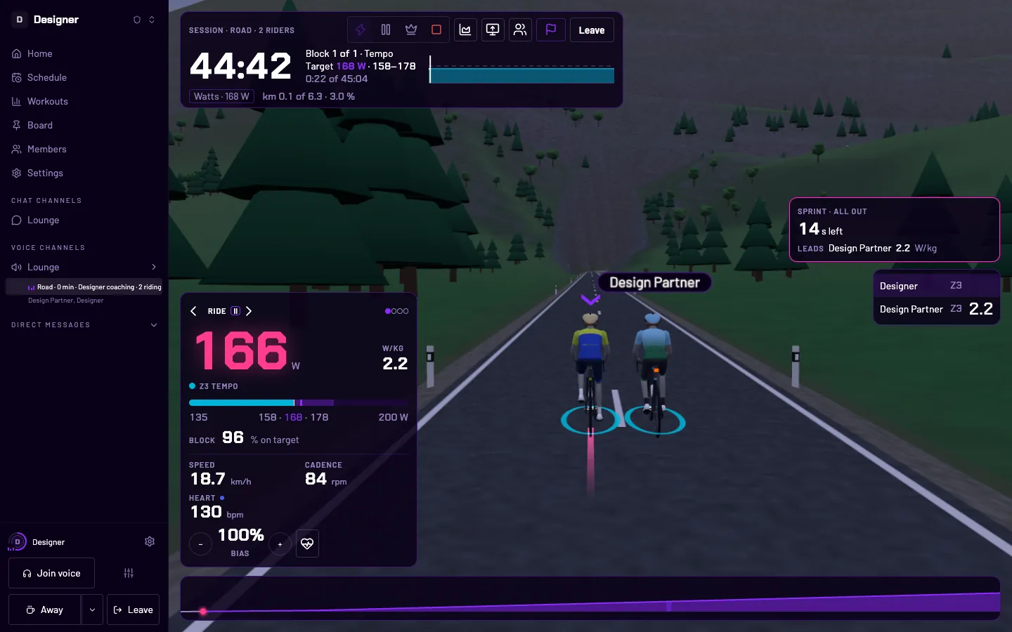 A sprint’s window open in a session on the road: the moment card over the 3D world, the riders ranked live